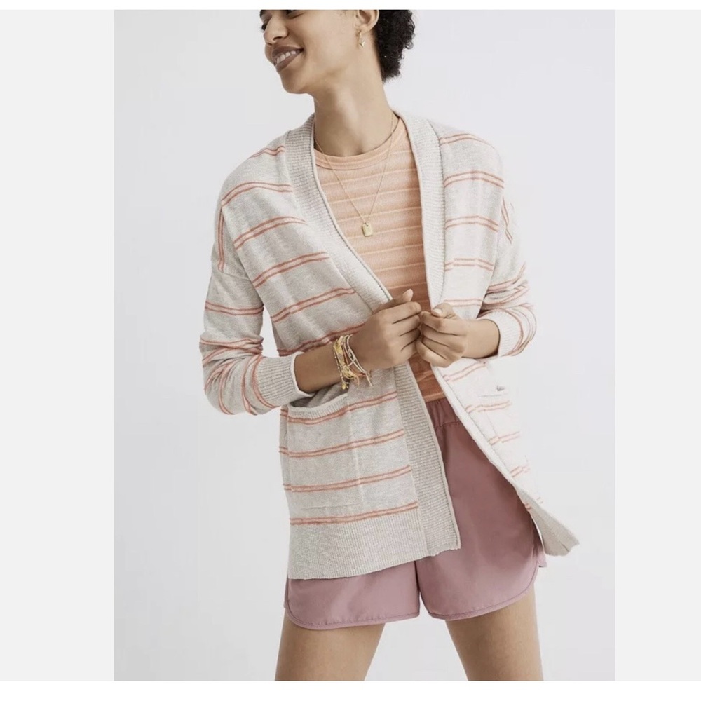 Madewell Size XS Bradley Cardigan Cream & Coral Striped Open Sweater Casual